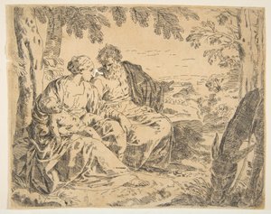 Hvil på flugten til Egypten, hvor Maria holder spædbarnet Kristus, mens St. ..., ca. 1637-1639 eller senere. af Simone Cantarini