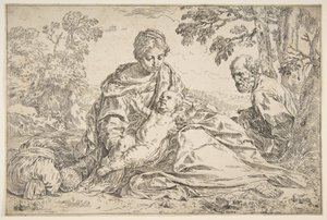 Hvil på flugten til Egypten, Maria holder spædbarnet Kristus med St. Joseph til højre, ca. 1640. af Simone Cantarini