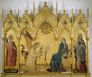 Bebudelse (med Saint Judith og Saint Ansano) - Tempera på træ af Simone Martini