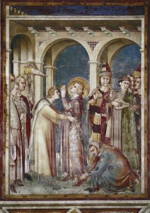 Fresko af Sankt Martins liv. Sankt Martin er en ridder, detalje. Festen Saint Martin de Tours og musikerne. Maleri af Simone Martini (1280-1344). Fresco af Simone Martini