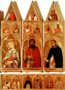 Sankt Katarina af Alexandria, Sankt Johannes Døberen, Sankt Peter af Verona. Detalje af Saint Catherine of Alexandria Polyptykon (tempera og guld på træ af Simone Martini