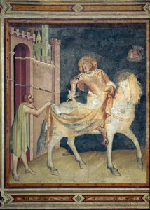 Sankt Martin deler sin frakke med en tigger. Fresco af Simone Martini (1282-1344). 1315. Nedre Basilika af Sankt Francois af Assisi, Kapel Sankt Martin. Sid ned.