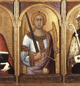 St. Michael, detalje fra altertavlen af SS Geminianus, Michael og Augustine, ca. 1319 (tempera med guld og sølv på panel) (detalje af 58835) af Simone Martini