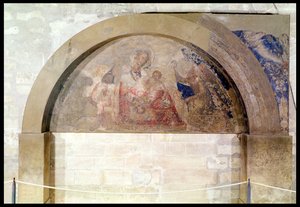 Tympanum forestiller ydmyghedens jomfru med Kristusbarnet omgivet af engle, 1341 af Simone Martini