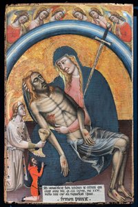 Klagesang over den døde Kristus med klienten, Iohannes de Elthinl, af Simone dei Crocifissi, ca. 1368. Jomfruen er repræsenteret som Vor Frue af sorger, med et sværd i hjertet.
