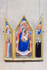 Triptykon, tronende Madonna og Barn med engle (i midten), bebudelsens engel og den hellige Augustin (til venstre), Jomfruen bebuder og den hellige Monica (til højre)