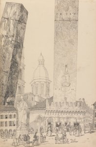 Album med 30 udsigter i Tyrol og Italien: Skæve tårne, Statue af St. Francis, Bologna 12. november 1840 af Sir Charles D