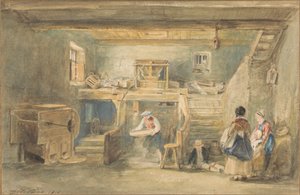 Det indre af Pitlessie Mølle med en mand, der sigter majs af Sir David Wilkie