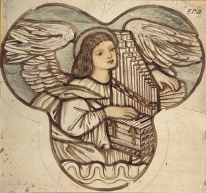 Design til farvet glas i Lyndhurst Church: An Angel Organist, 1886 af Sir Edward Coley Burne Jones