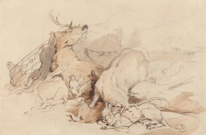 Hunde og jægere, der angriber hjorte