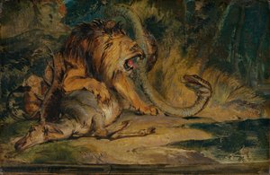 Løve, der forsvarer sit bytte af Sir Edwin Landseer