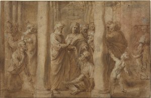 Miraklet af den lamme mand helbredt af Sankt Peter og Sankt Johannes af Sir Peter Paul Rubens over Anonymous Italian after Parmigianino after Raphael
