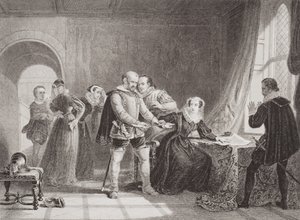 Mary Queen of Scots (1542-87) tvunget til at underskrive sin abdikation i Lochleven Castle i 1567, fra 