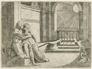 Abimelech ser Isaak Rebekka liefkozen Bijbelse scener (serietitel) Historia del Testamento Vecchio / Malet i Rom i Vatikanet af Raffaelle di Urbin (...) (serietitel)