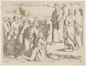 Moses viser lovens tabeller for folket Bibelske scener (serietitel) Historia del Testamento Vecchio / Dipinta in Roma nel Vaticano da Raffaelle di Urbino (...) (serietitel)
