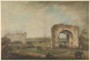 Udsigt over en moské og port ved Motijhil, ca. 1814-1823 (ugennemsigtig akvarel på papir) af Sita Ram (attr. to)