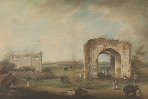 Udsigt over en moske og port ved Motijhil, ca. 1814-23. af Sita Ram.