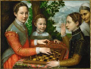 Et spil skak, der involverer malerens tre søstre og en tjener af Sofonisba Anguissola