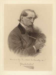 Portræt af Charles Dickens, der holder sin pen (s/h foto) af Solomon (after) Eytinge