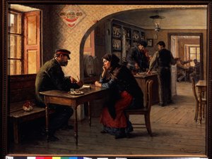 Et andragende (et andragende). På en cafe taler en kvinde med en soldat fra den Røde Hær, som udfylder en formular til hende. Bag dem, den almindelige travlhed på en cafe. Maleri af Solomon Yakovlevich Kishinevsky (Kishinevsky) (1863-1941), olie af Solomon Yakovlevich Kishinevsky