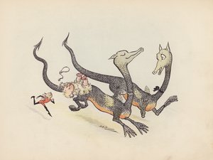 Illustration til Little Twin Dragons af S Rosamond Praeger (farvelitografi)