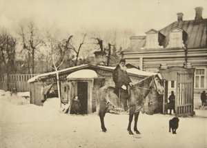 Den russiske forfatter Leo Tolstoj til hest, Moskva, Rusland, 1900-tallet af Sophia Andreevna Tolstaya