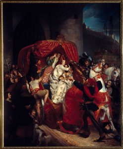 Brugge-oprøret i 1436: ""Hertuginden af Bourgogne ved portene til Brugge""" Isabella af Portugal (1397-1471) blev arresteret sammen med sin søn Karl Temerary under fæstningsværket. Maleri af Sophie Rude (1797-1867) 1841 søn. 1,84x1,5 m Dijon, Museum of F af Sophie Rude