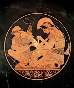 Interiør af en rød loftsfigur kylix, der forestiller Achilles Tending the Wounded Patrocles, fra Vulci, ca. 500 f.Kr. (keramik) af Sosias Painter
