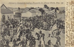Postkort, der viser Olliviers Commando, der forlader Rouxville af South African Photographer