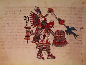 Quetzalcoatl, den plyerede slange, vindens gud, lærdom og præstedømme, livets mester, skaber og civilisator, protektor for enhver kunst og opfinder af metallurgi (vellum)