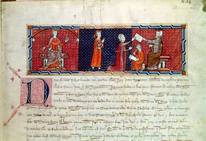 En kvinde, der aflægger ed for kong James I (1207-76) af Mallorca, fra Capbreu de Clayra et de Millas, 1292 af Spanish School