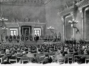 En forsamling af catalanske nationalister samledes i Manresa Rådhuset til udarbejdelse af de 16 baser til at tjene den catalanske regionale forfatning i 1892. Tegning af Jaume Pahissa. af Spanish School