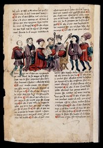 En mand præsenterer en bog til kongen, miniature i "Book of Punishments or Documents for Good Living" af Spanish School