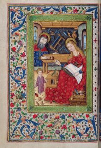 Tilføj 18193 f.48v Den hellige familie i Josephs snedkeri, latin med spanske rubrikker, fra en 