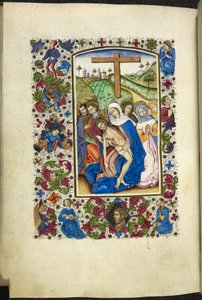 Tilføj MS 50004 f.70v Jomfru Maria, der holder Kristi legeme, med to disciple og kvinder ved siden af sig, fra en 