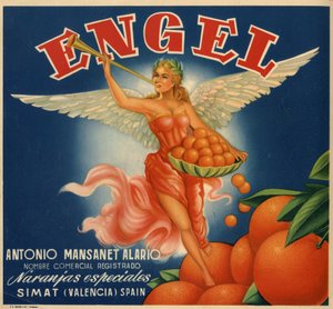 Reklame for appelsiner, billede af en bevinget kvinde. Reklameplakat, Valencia af Spanish School
