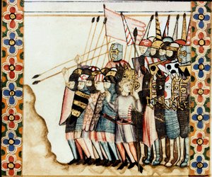 Armee des croises Detalje af en side taget fra et manuskript af Sangen Marias sang (Cantigas de Santa Maria), dekorerende miniaturer dedikeret til Sankt Maria og hendes mirakler, en samling af sange redige under regen af Alfonso X den vise (1221- 1284). af Spanish School