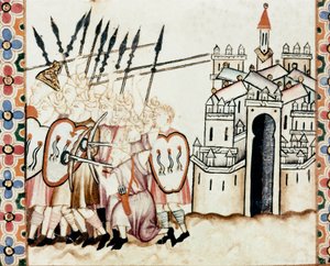 Armee of the Moors forsvarer en by Detalje af en side taget fra et manuskript af Sangen Marias sang (Cantigas de Santa Maria), dekorerer miniaturer dedikeret til Sankt Maria og hendes mirakler, en samling af sange redige under Alfonso X