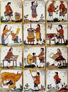 Håndværksfag: skomager, bødker, fletkurvfabrikant, vinmager, tegnelecon, musiker, komalkning, slibemaskine, landmand, ebenist. Catalanske keramiske fliser (Spanien) af Spanish School