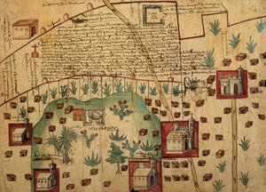 Ayer MS 1801 Kort 1: Kort over landområder i Tultepec- og Jaltocan-regionerne, der støder op til Hacienda de Santa Ines, Mexico, offentliggjort 1569
