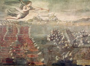 Slaget ved Lepanto. Sejrrige skibe på vej ind i Messinas havn (olie på lærred) af Spanish School