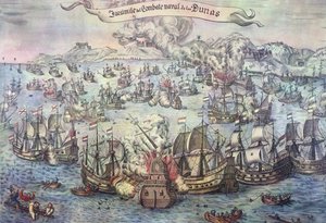 Battle of the Downs, 21. oktober 1639 (farvet indgravering) af Spanish School