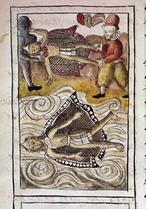 Kodeks om erobringen af Mexico: Ligene af Itzquauhtzin og Montezuma, eller Moctezuma II, aztekisk kejser (1466-1520), bliver smidt ud af paladset af spanierne. af Spanish School