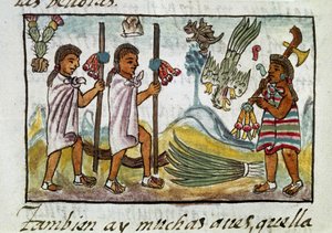 Kodeks om erobringen af Mexico: købmænd forklædt i Tzinacantlan. Miniature af det florentinske manuskript 