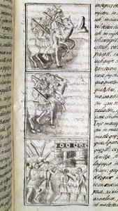 Codex om erobringen af Mexico: Spanierne er klar til at angribe byen Tenochtitian. Miniature af det florentinske manuskript 