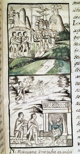 Kodeks for erobringen af Mexico: udsendinge fra Montezuma eller Moctezuma II, aztekisk kejser, møder spanierne af Spanish School