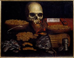 Møntforfængelighed Allegori om at fordrive tid og død, rigdom og menneskelige fornøjelser. Maleri af den spanske skole. Rouen fra det 17. århundrede, Museum of Fine Arts af Spanish School