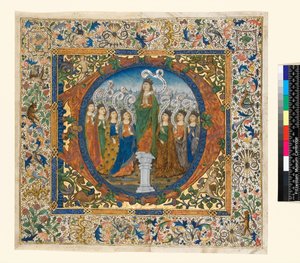 Collage med historiseret initial og kant fra et koralpsalter, ca. 1482-1492 (pergament) af Spanish School