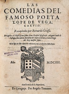 Forside til The Comedy of the Famous Poet Lope de Vega, af Felix Lope de Vega Carpio (1562-1635), udgave af 1604 (trykt monografi) af Spanish School