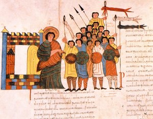 Kong Davids hærs afgang til krig, fra St. Isidores visigotisk-mozarabiske bibel, fol.131v., 960 e.Kr. (tempera på vellum)